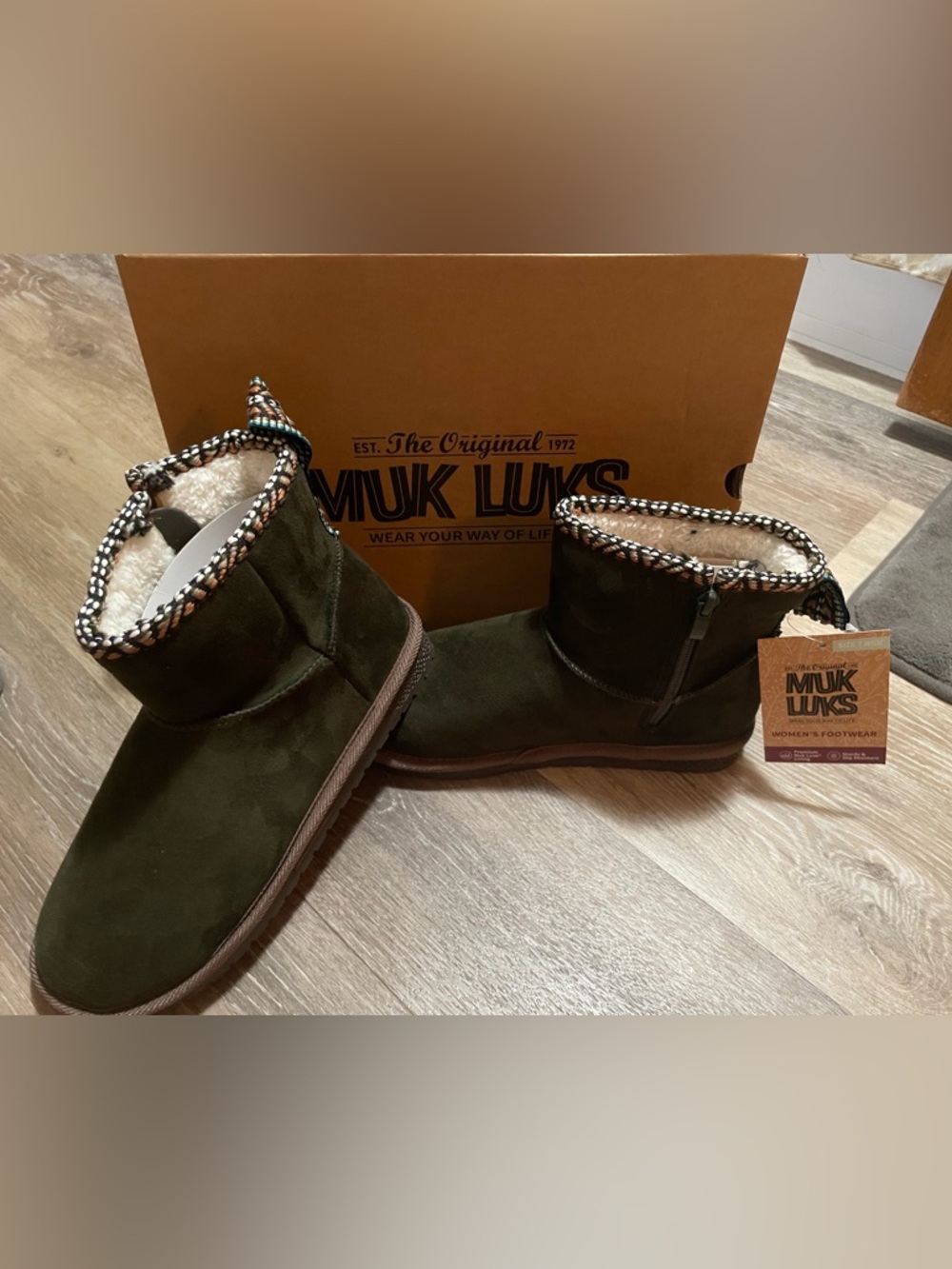 Muk Luks Olive Green Suede Ankle Booties with Faux Fur Trim